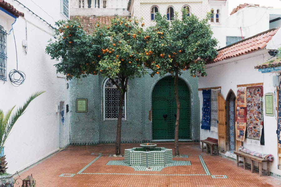 Courtyard with two orange trees and a fountain.