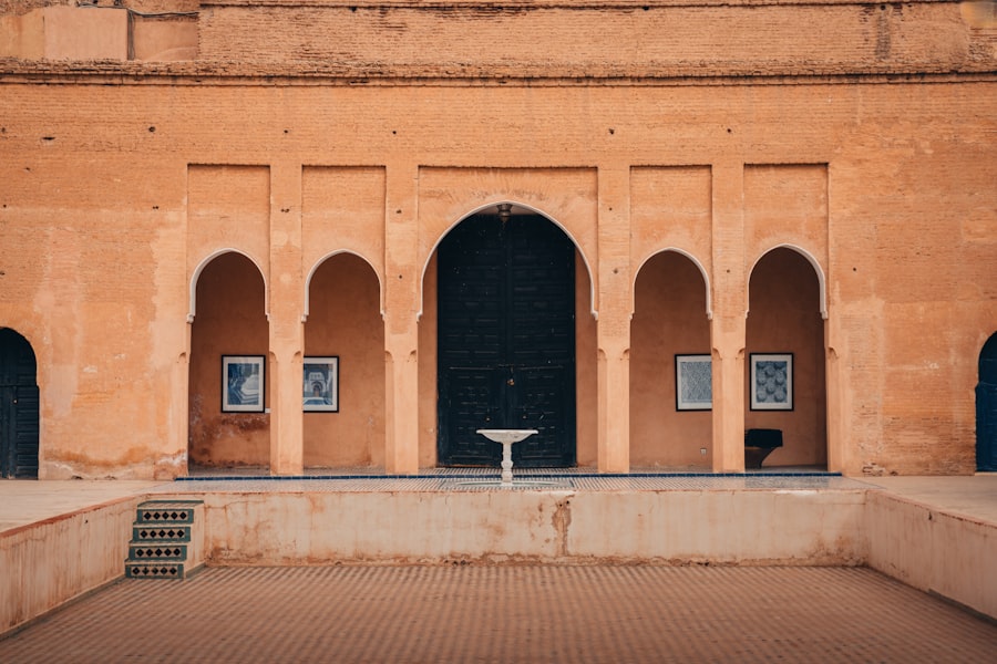 Courtyard with arched doorways and framed art