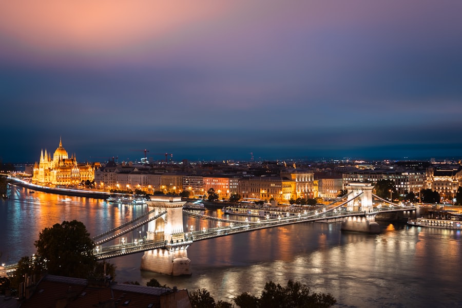 Cityscape with bridge and illuminated buildings at night