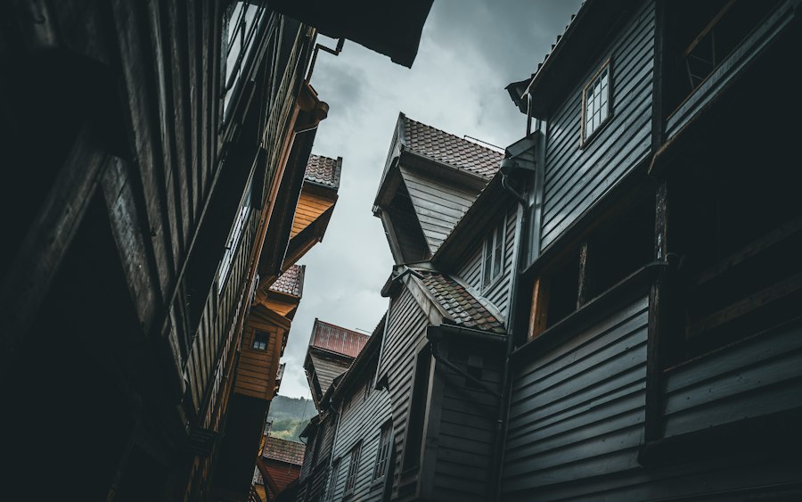 Wooden buildings create a striking architectural cityscape