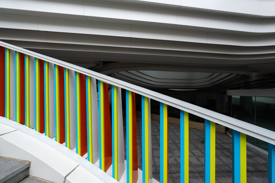 Colorful railing on a modern staircase