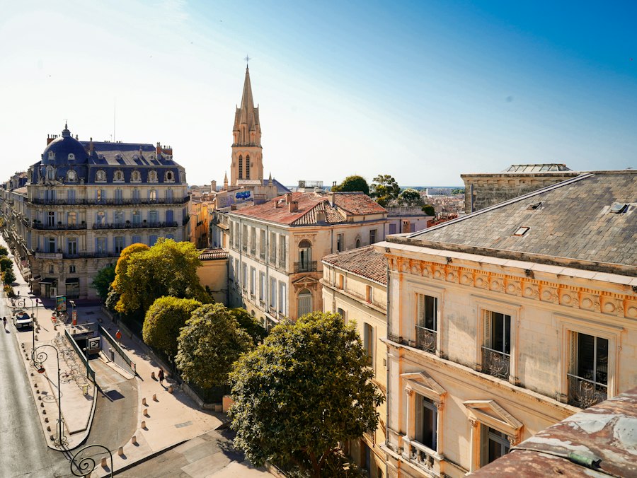 Rooftop view of a european city with a church spire