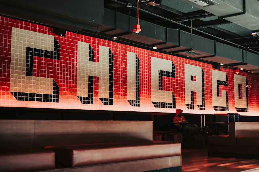 A large sign that reads chicago on it