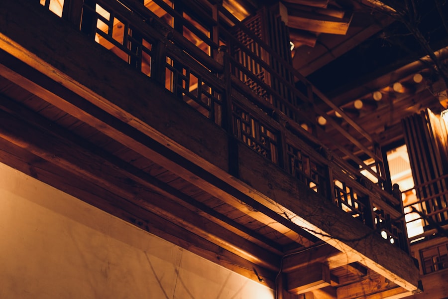 a room with a wooden ceiling and a clock on the wall