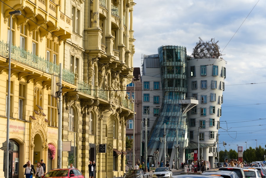 Row of buildings with a modern wavy structure.