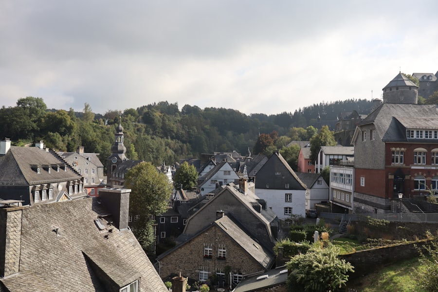 Roofs of a european village nestled in a green valley.