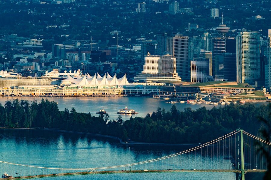 Vancouver cityscape with lions gate bridge and waterfront buildings.