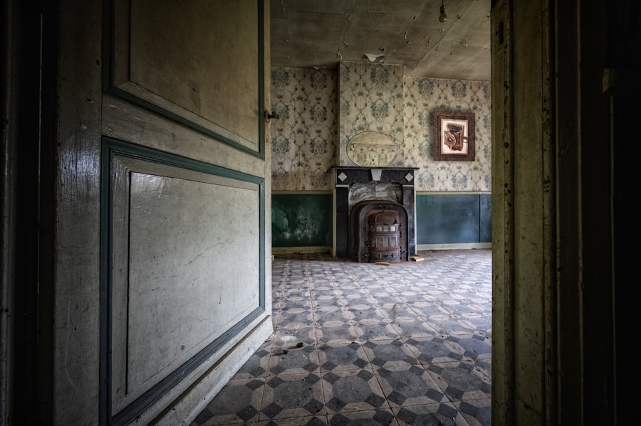 a room with a fireplace and a checkered floor