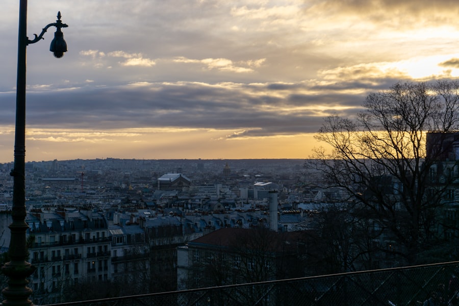 a view of a city at sunset from a hill