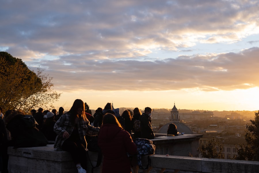 a group of people looking at a sunset