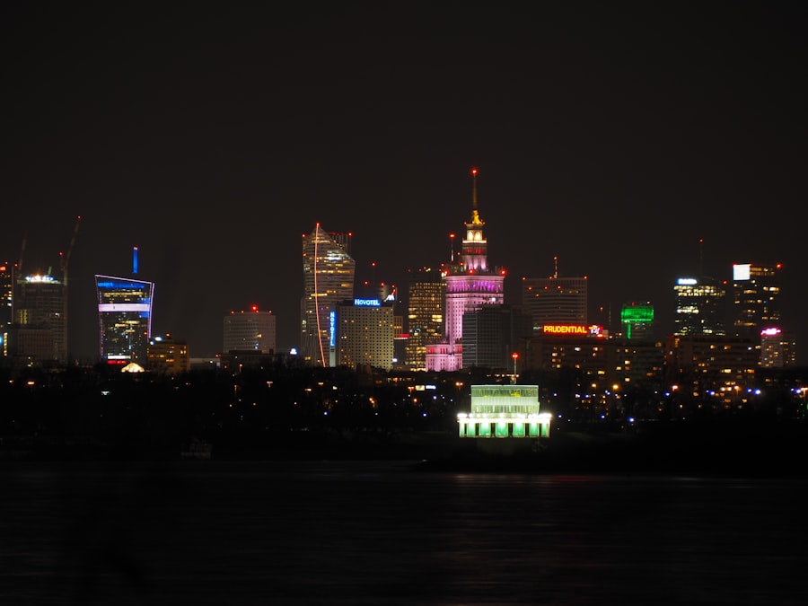 city skyline during night time