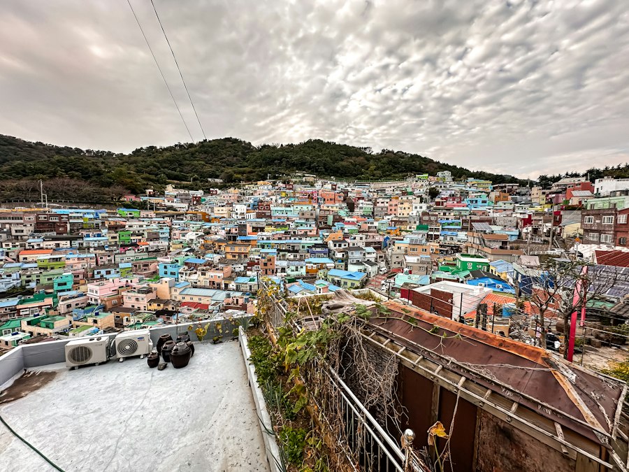 a view of a city with lots of colorful buildings
