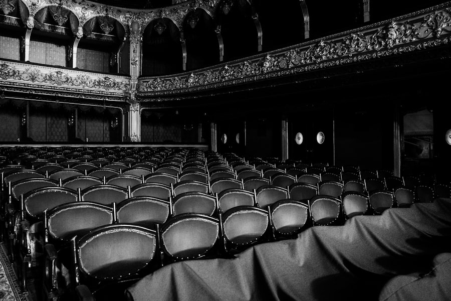 a black and white photo of an empty auditorium