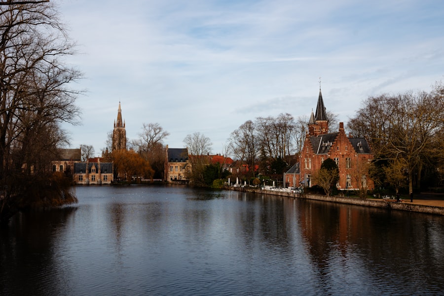 Canal with historic buildings and bare trees