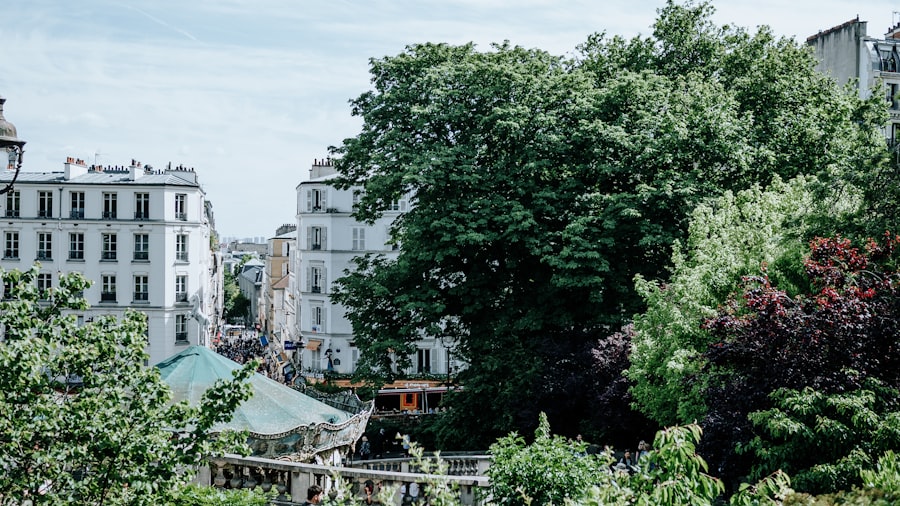 Parisian cityscape with trees and buildings.