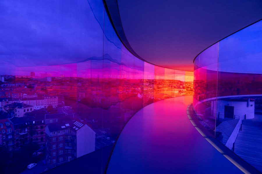 Modern architecture with vibrant sunset cityscape view