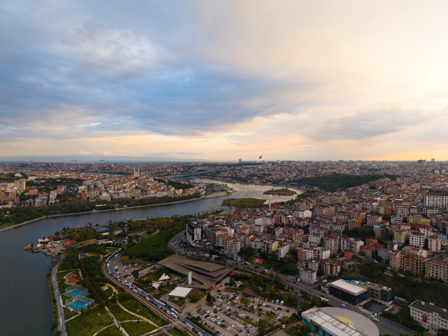 Aerial view of a city skyline with a river.