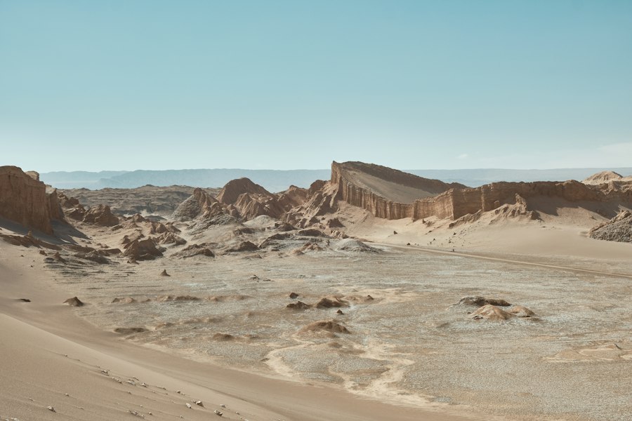 Arid desert landscape with rock formations under a clear sky