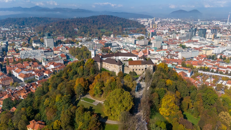 Ljubljana castle overlooks a city with autumn trees.