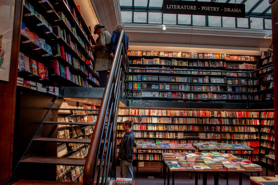 People browsing shelves in a large bookstore