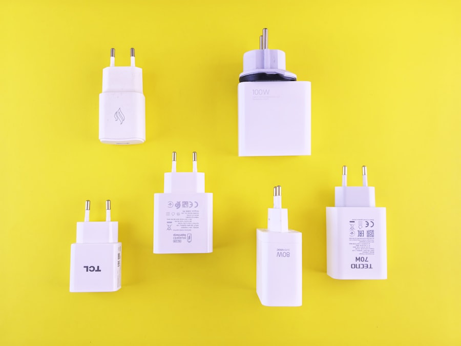 A yellow wall with a bunch of plugs attached to it