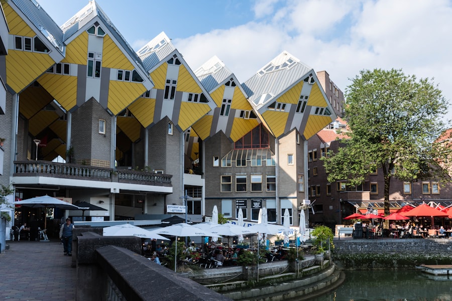 a group of buildings that have umbrellas over them