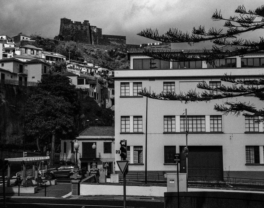 Hillside village with castle ruins above modern building