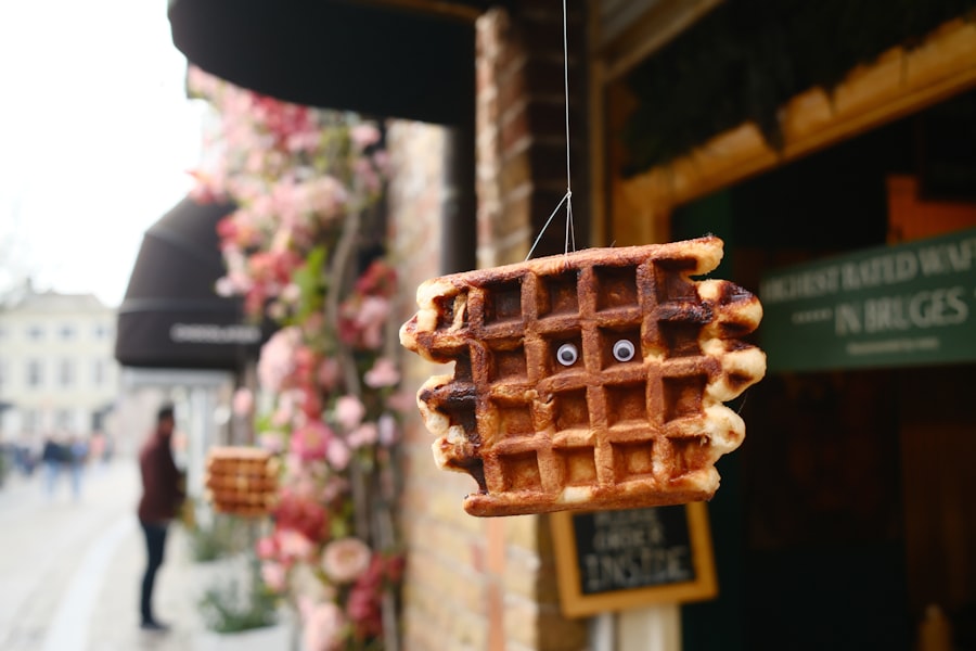 A waffle with googly eyes hanging outside