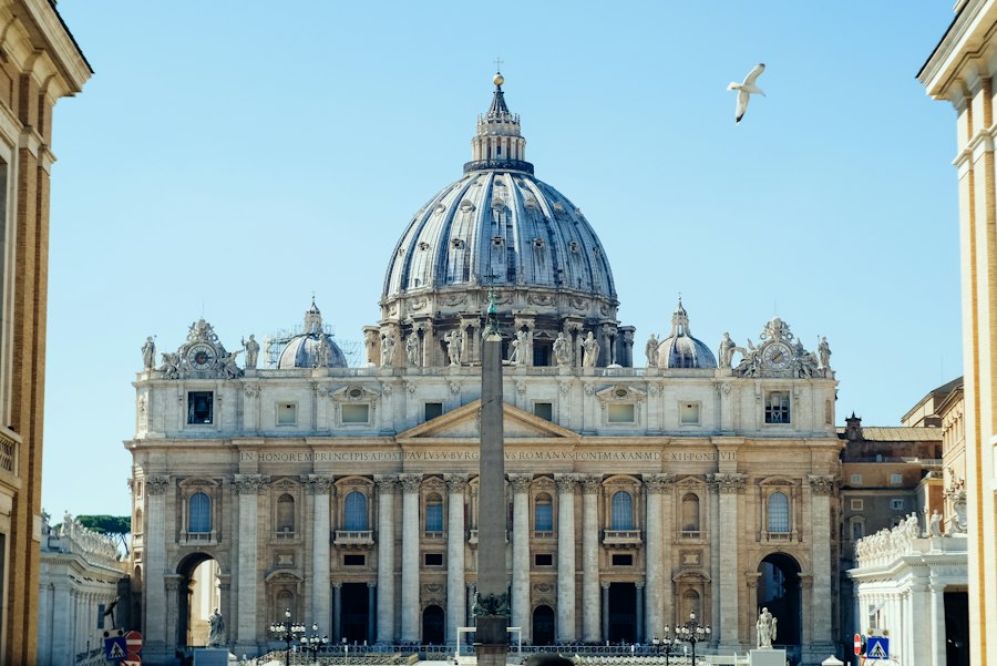 St Peter's Basilica with its large dome and an obelisk in Vatican City