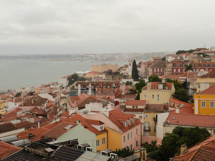 Cityscape with colorful buildings overlooking a bay