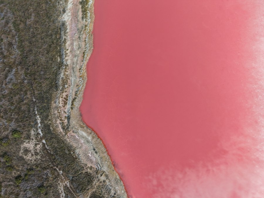 Vibrant pink lake beside rocky shoreline from aerial view