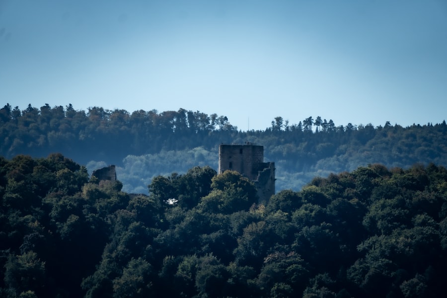 Ancient stone tower ruins amidst dense green forest.