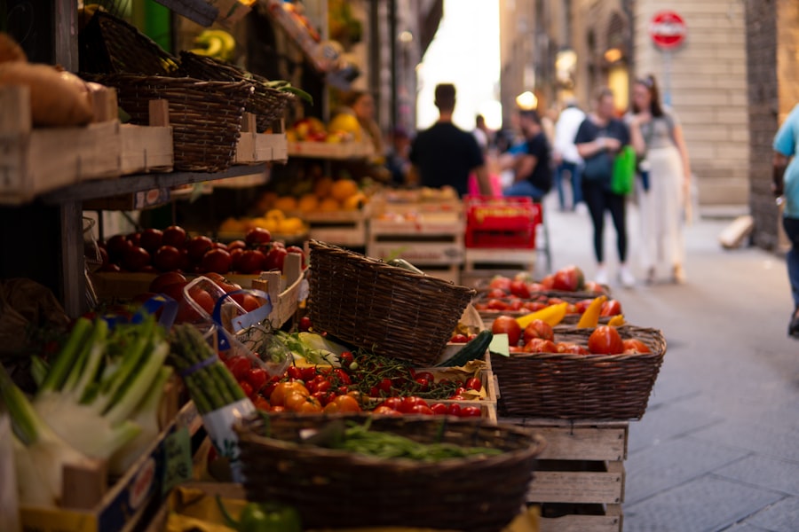 A fruit and vegetable market on a city street.