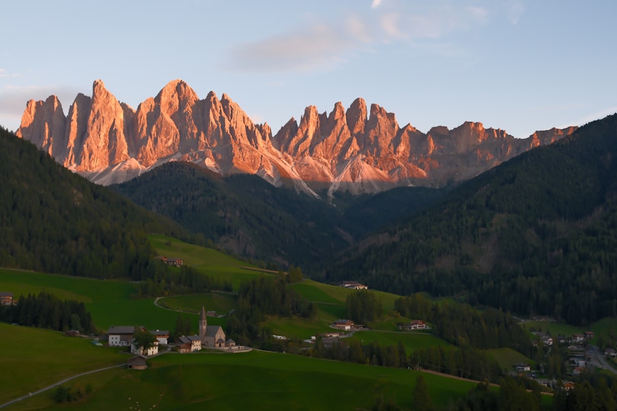 Jagged mountain peaks illuminated by sunset light.