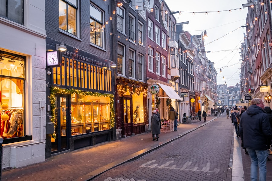 a city street with people walking down it