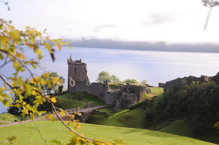 Ruined castle on a hill overlooking a lake