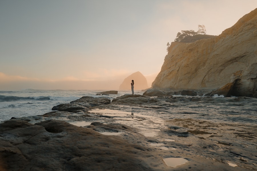 Person standing on rocky shore at sunset