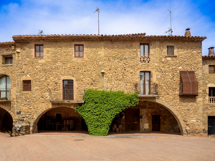 A large stone building with a green plant growing out of it