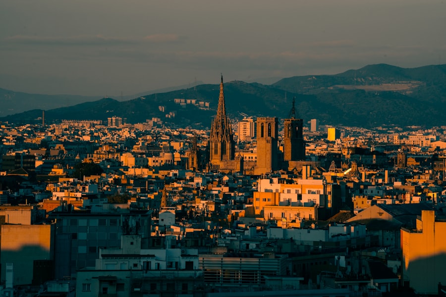 A view of a city with mountains in the background
