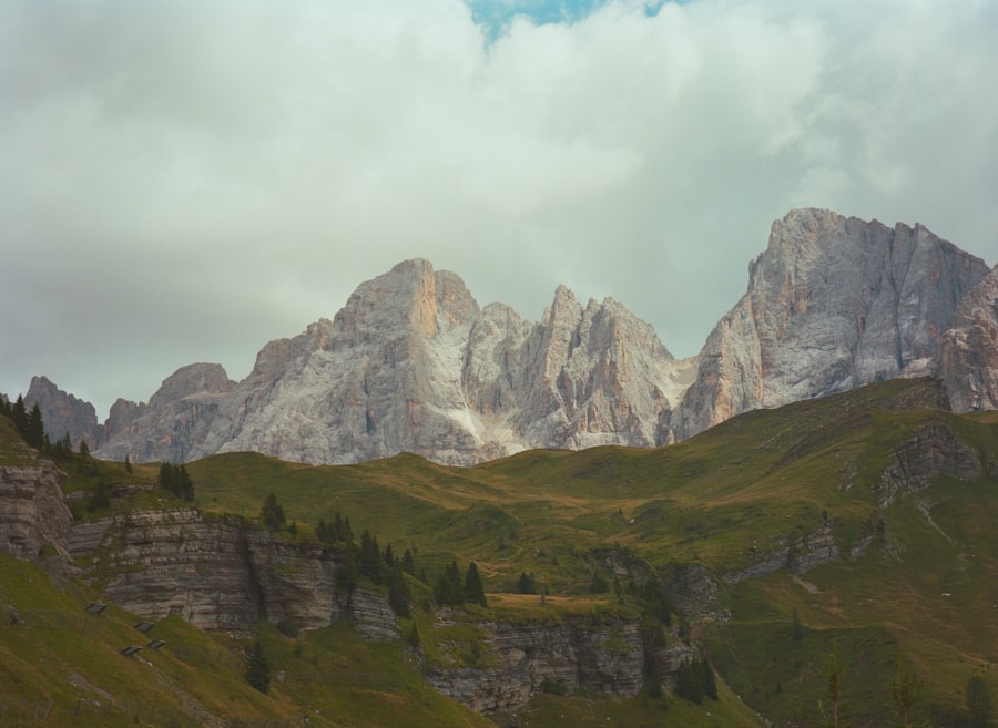 Jagged mountain peaks under a cloudy sky