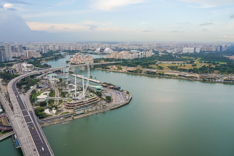 An aerial view of a bridge over a large body of water