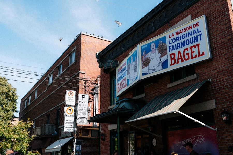 Fairmount bagel shop exterior with brick building.