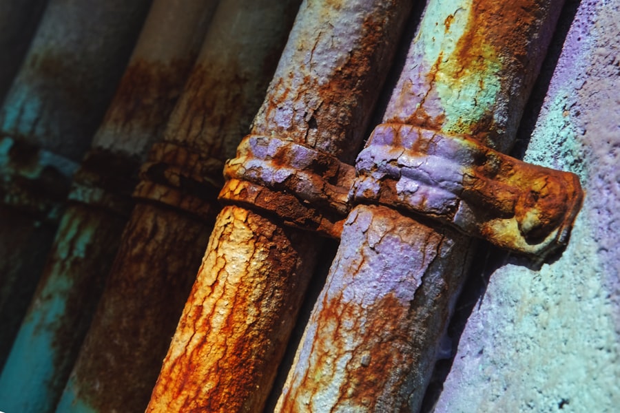 a rusted metal fence with a knot on it