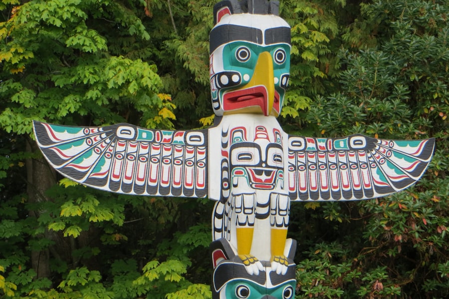 Intricately carved totem pole with bird and animal figures.