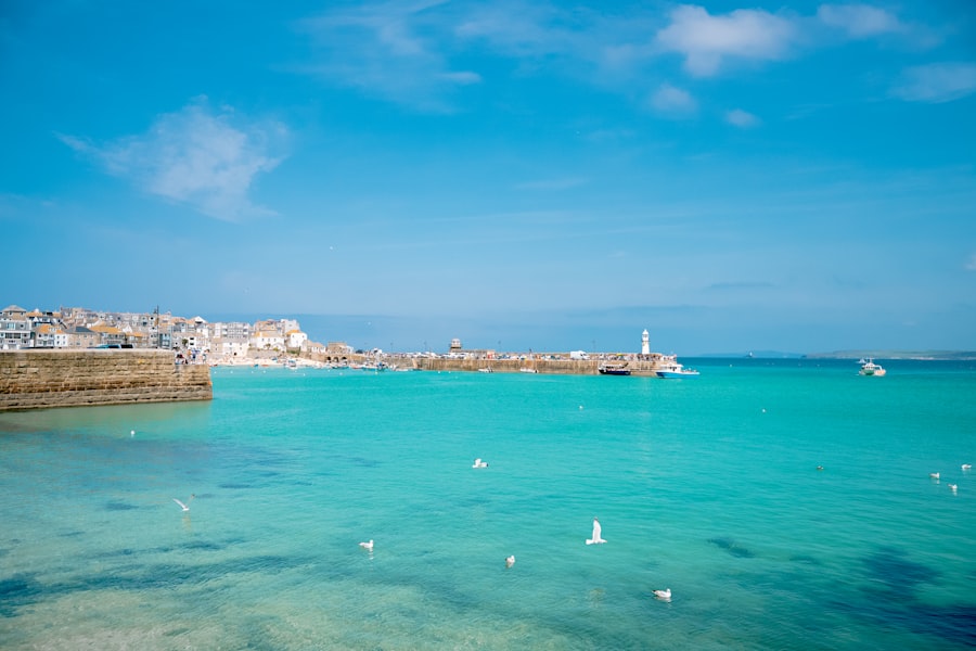 Turquoise harbor with a coastal town, lighthouse, and flying seagulls.