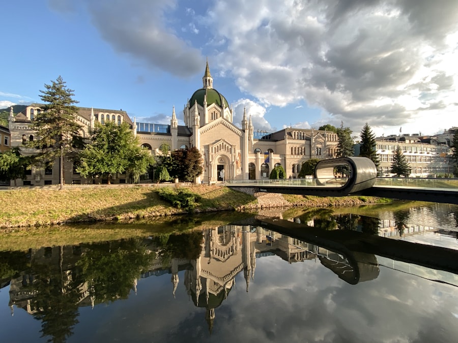 A beautiful building reflected in the calm water