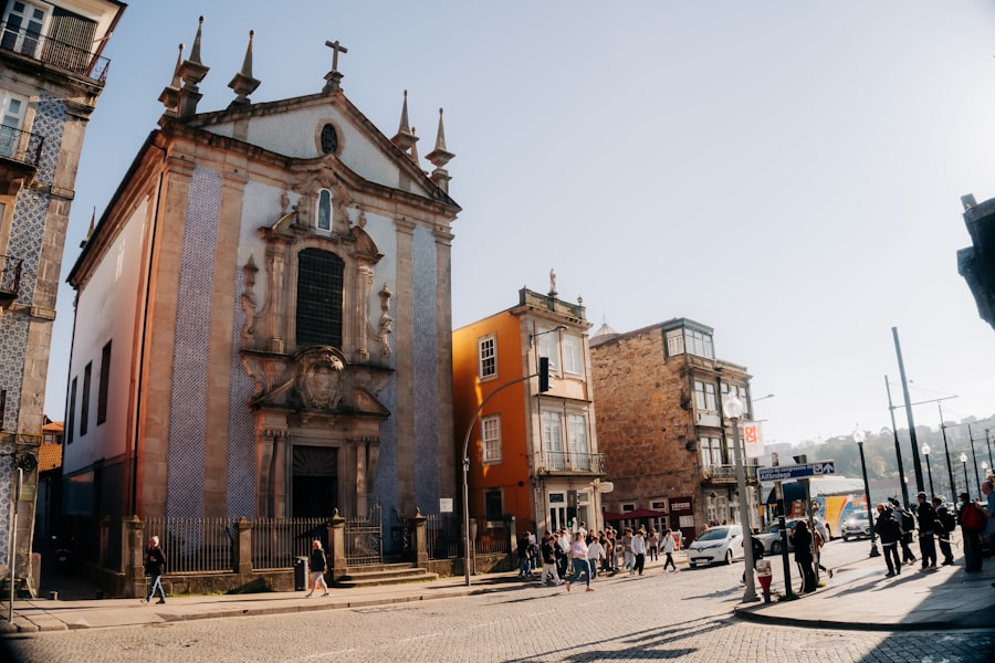 Ornate church facade with people walking on street