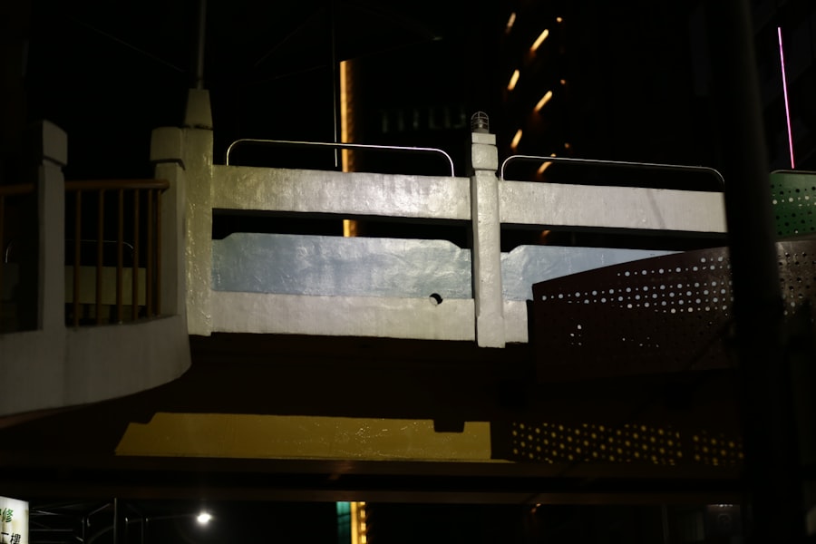 Modern building entrance at night with lights