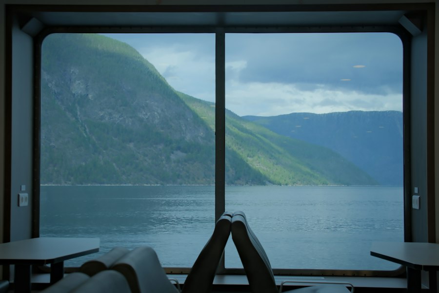 View of a fjord and mountains from a window