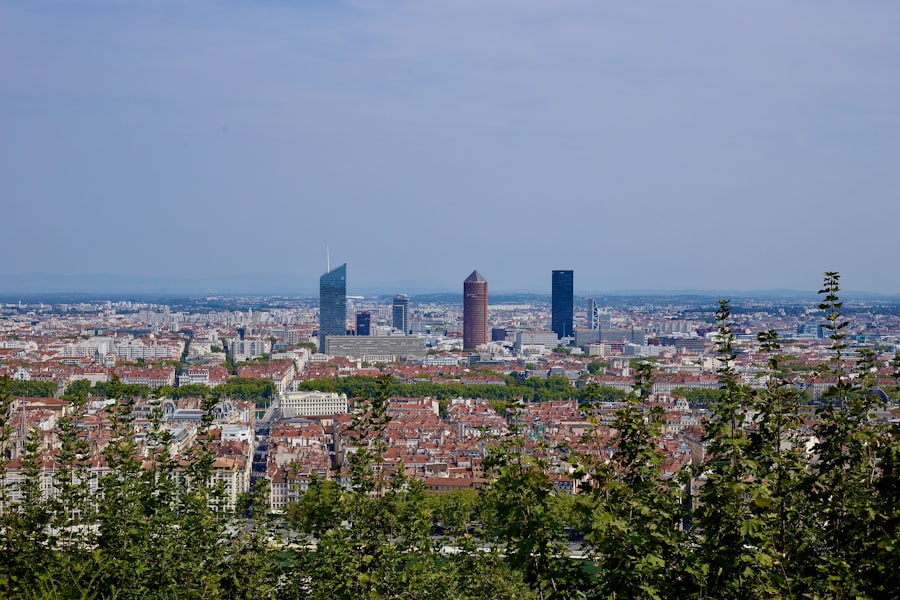 Modern skyscrapers rise above a sprawling cityscape.